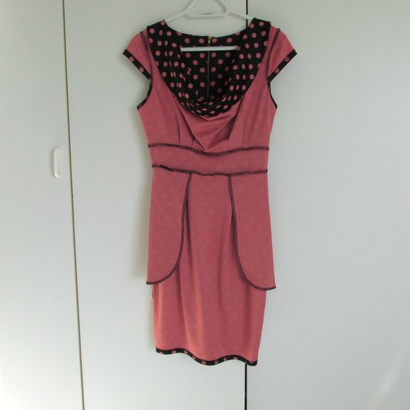 Pink Martini Retro Dress Cowl Neck Cap Sleeve Pinup Black & Pink Polka Dot Dress - Picture 8 of 11
